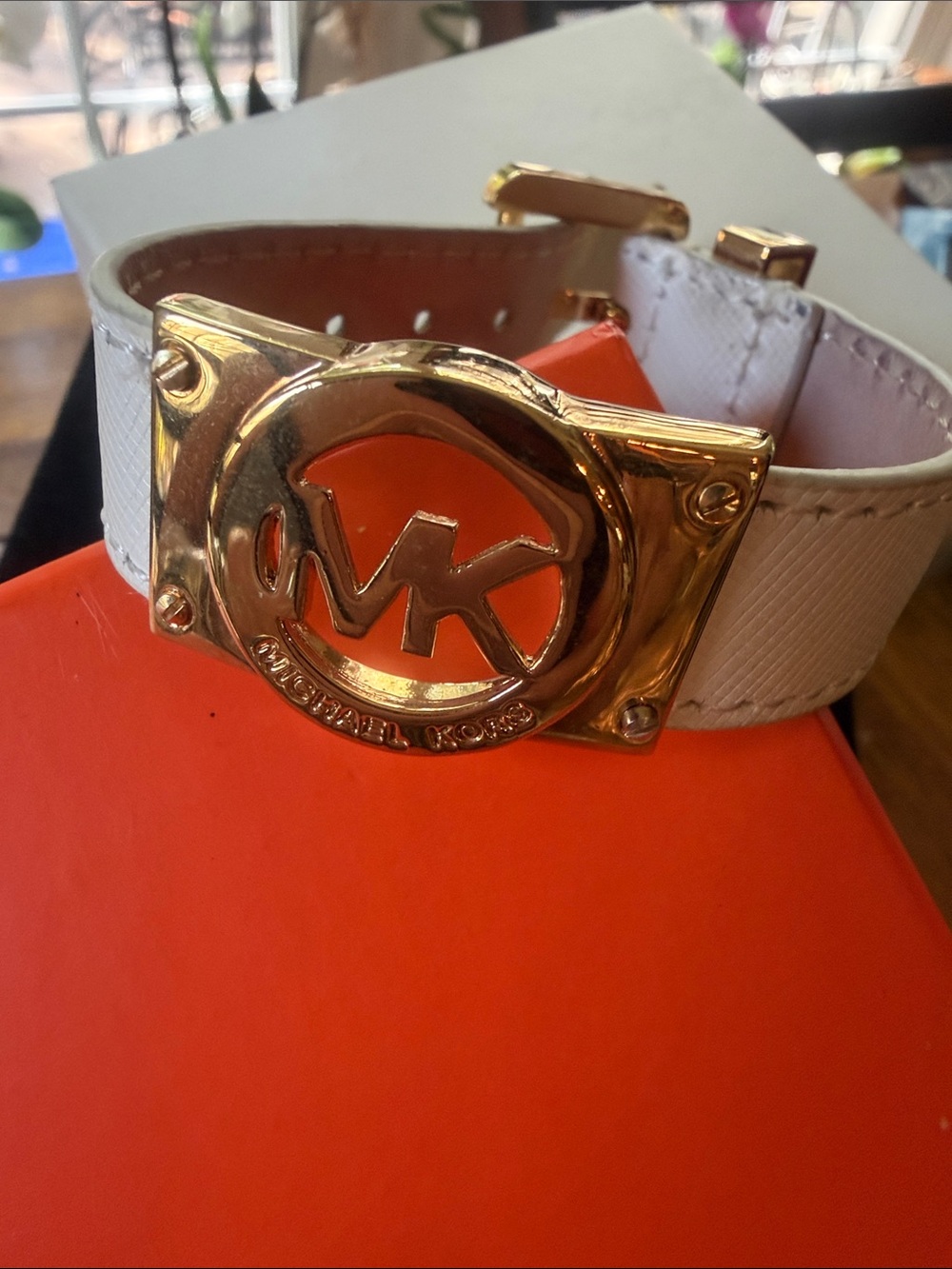 Michael Kors White Leather Bracelet with Gold MK Logo Buckle
